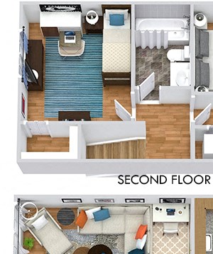 Dogwood 3D Dogwood 3D two story floorplan with L shaped kitchen, dining room, half bath and living room on first floor. 2 bedroom and 1 bath on second floor